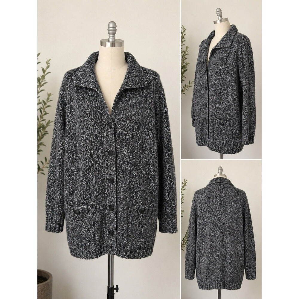 Lands End Gray Marbled Shawl Collared Cardigan Button Front Chunky Knit Large